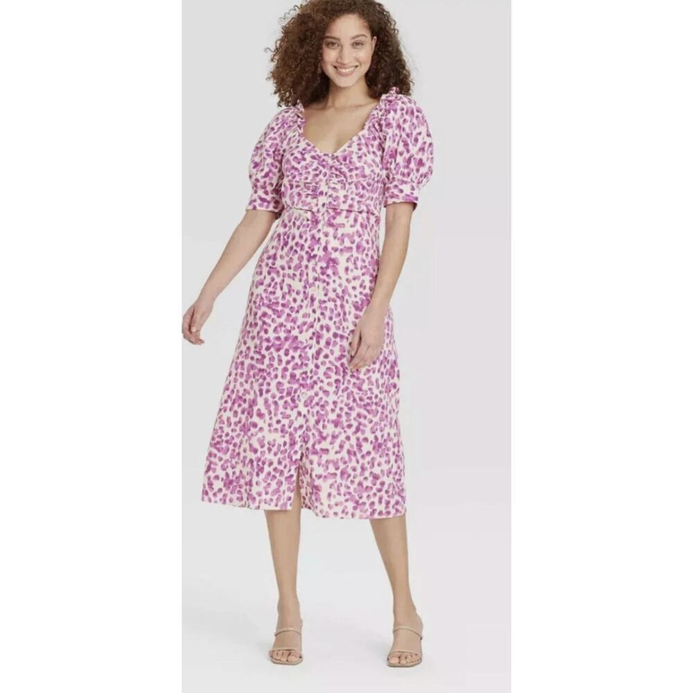 Who What Wear Fuchsia Leopard Print Puff Sleeve Button Front Midi Dress - Small - Picture 2 of 13